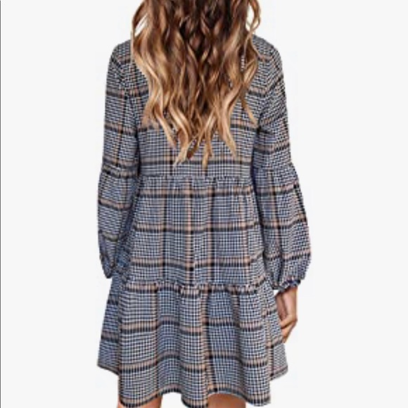 Swing Shift Dress Long Sleeve V Neck Tunic Dress - Picture 2 of 2